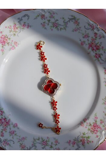 Reorah Collection Red Velvet Saat - Kırmızı Çiçekli Zirkon Taşlı Saat