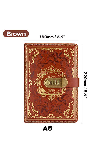 Choice Brown Retro Digital Password Notebook Journal With Lock A5,Diary Perfect for Men and Women-PU Leathe