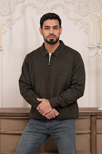 Woolen World Classic Cut Lined Steel Knit Cardigan with Polo Neck Zipper Closure