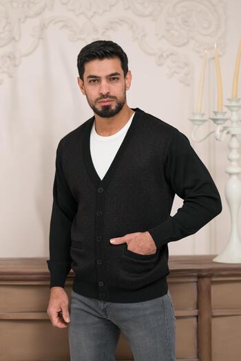 Woolen World Regular Fit V-Neck Patterned Knitwear Cardigan with Front Pocket