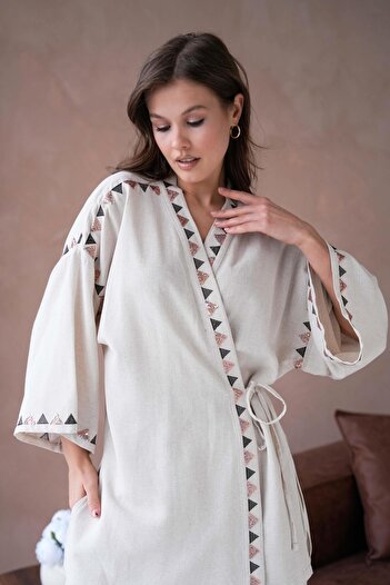 minaaise Women's Natur Linen Embroidery and Sequin Detailed Kimono and Pants Bottom/Top Suit 29033