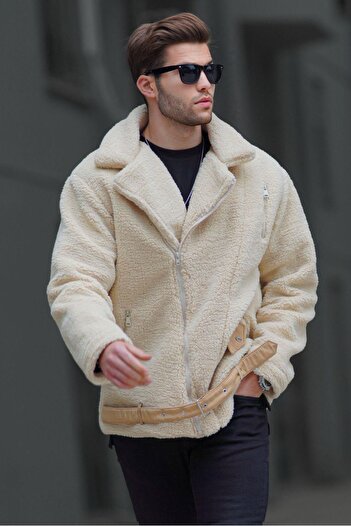 Madmext Beige Plush Biker Men's Jacket 6849