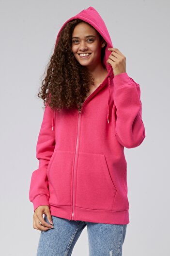 Klein-OFF Mooncover Hooded Kangaroo Pocket Zippered Sweatshirt – Fuchsia
