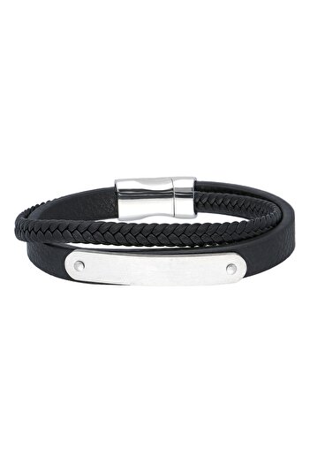 Chavin Black Leather Wrap Gray Steel Men's Bracelet Ec70By