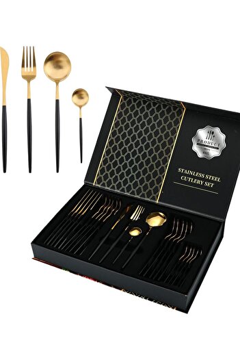 Chavin Gold Black Food Spoon and Fork Knife Set - 410 Steel, 24 Pieces, Cin518sysr