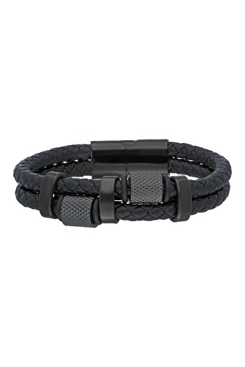 Chavin Black 2 Row Leather Steel Men's Bracelet Ec67Sy
