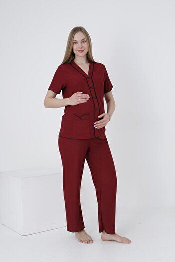 Miss Dünya Lissa Short Sleeve Maternity and Maternity Sleepwear Set with Buttoned Front Sleeves and Ruffle Detail