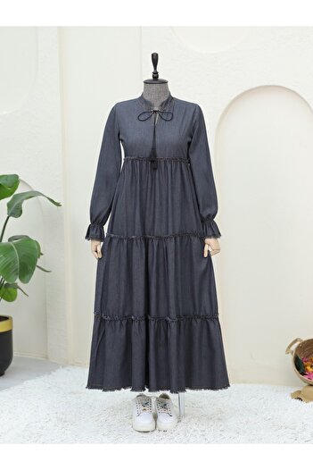 Modamorfo Piece Jeans Dress with Elastic Sleeves -Black