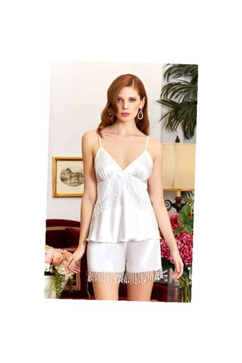 Jeremi 3172 Dowry Silk Satin Tasseled Triple Shorts Set - Cream