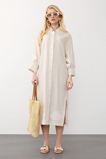 Olcay Side Slit Embroidery Poplin Dress Beige-Ekru 9291-E