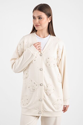 Bold Grup Women's Cream Scuba Tulle Flower and Pearl Buttoned Cardigan-Pants Hijab Set