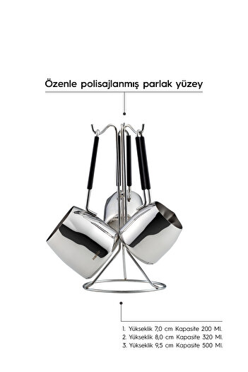 Nehir Modern 4 Parça Standlı Paslanmaz Çelik Cezve Seti