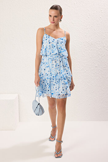 Trendyol Collection Modré květinové volány Mini tkané šaty Twoss23El01445