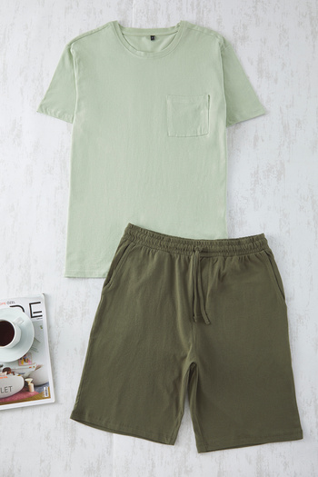 Trendyol Collection Mint-Khaki Color Regular Fit Shorts Pajamas Set 100% Cotton - Tmnss25Pt00033