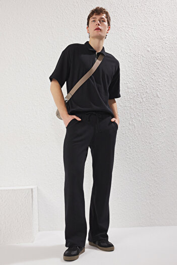 Trendyol Collection Wide Leg Wide Cut Black Waffle Sweatpants - Tmnss25Ea00000