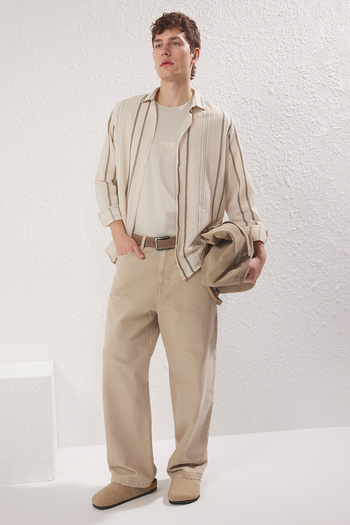 Trendyol Collection Premium Khaki Regular Fit Striped Linen Textured Shirt Tmnss23Go00056