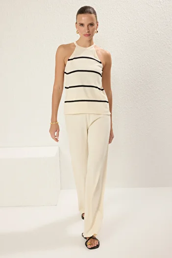 Trendyol Collection Ecru Stripe Knitwear Blouse and Pants Set - Twoss25Au00066