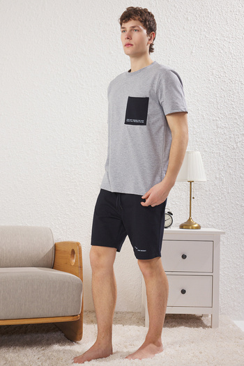 Trendyol Collection Regular Fit Gray Navy Printed Knitted Shorts Pajama Set - Tmnss25Pt00009