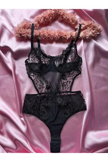 Jeevee Siyah Brode Dantelli Bodysuit Babydoll (KADIN ÇEYİZ SEKSİ FANTEZİ TRANSPARAN IÇ ÇAMAŞIR TAKIMI)
