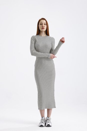 Miss Murem White Black Striped Long Sleeve Dress