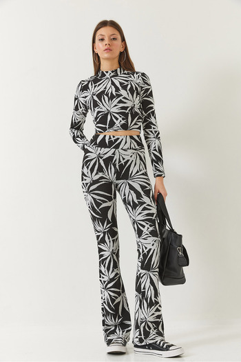 Bianco Lucci Women's Half Turtleneck Long Sleeve Crop Waist Elasticated Pants Bottom-Top Suit 60261375