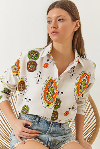 Bianco Lucci Women's Sleeve Folded Patterned Linen Shirt
