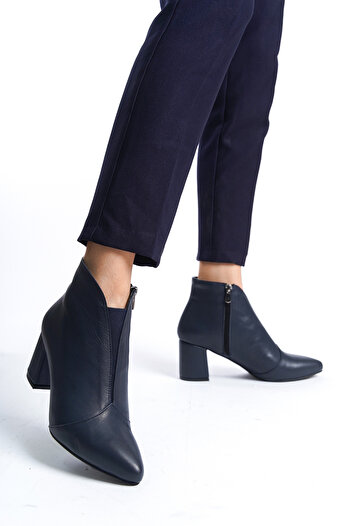Deripabuc Genuine Leather Navy Blue Women's Heeled Leather Boots Dp02-1924