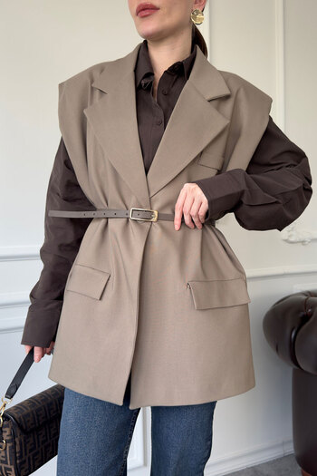 MAGARDE Mink Fabric Shoulder Padded Vest - Belted