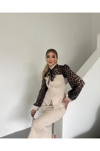 1Moda1Tarz Γυναικείο φόρεμα ειδικής σχεδίασης με λεοπάρ ύφασμα εισαγωγής με λεπτομέρεια με κουμπιά