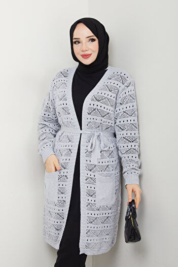 Pamuk Butik Women's Pocketed Waistband Openwork Knitwear Cardigan