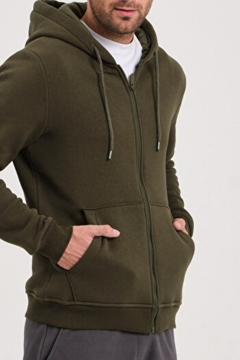 ruNadeS Khaki Plain Unisex Oversize (3 Stripes) Thick Fleece Cardigan