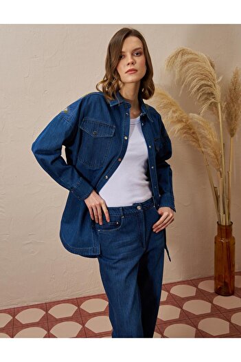 Kayra Triangle Patterned Denim Jacket Navy Blue