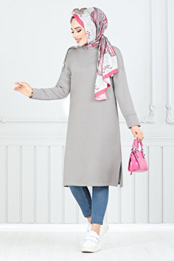 ModaMerve Gray Hijab Tunic - Shoulder Buttons, Model 2695Ayd969-M