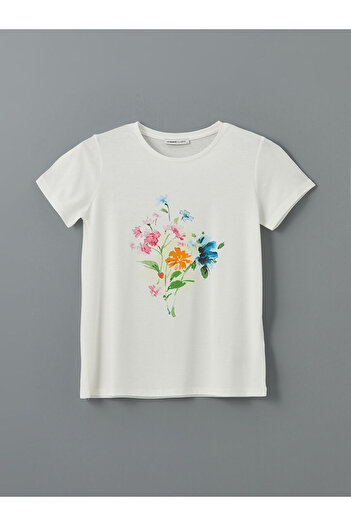 LC Waikiki Lcwaikiki Classic Ecru Crew Neck Floral Women's T-Shirt