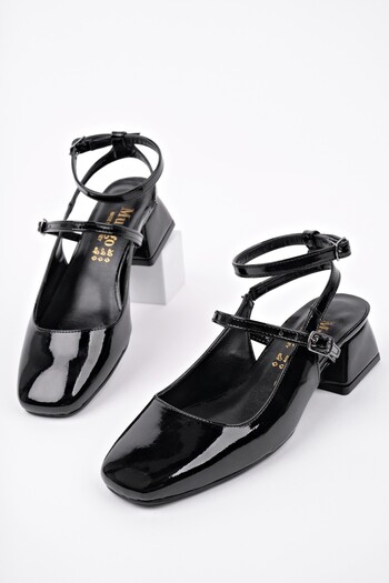 MUGGO Chopra Square Toe Double Belted Ankle Strap Open Back Low Heel Shoes