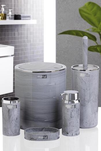 Okyanus Home Kromlu Yuvarlak Mermer Desenli Banyo Seti 5'li