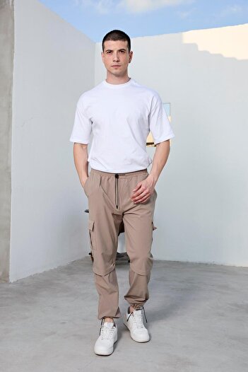 Pobudo Beige Baggy Style Parachute Fabric Men's Trousers