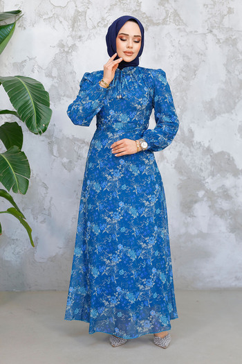 Neva Style Petrol Blue Hijab Dress with Floral Print 50812Pm