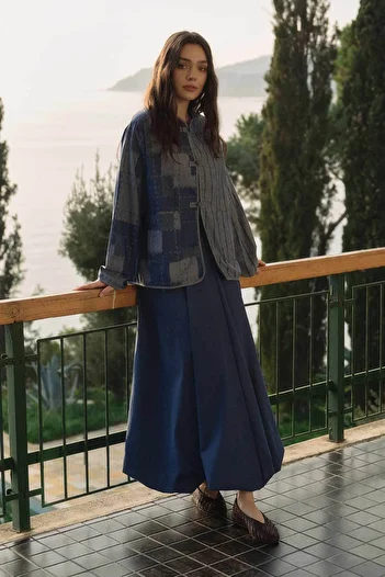 Hooopstore Denim Textured Balloon Blue Skirt