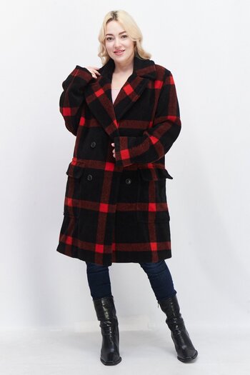 French Connection Women Oversized Long Sleeve Plaid Trench Coat, Red