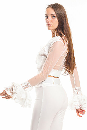 Sense Sleeves Tulle Double Breasted Lace Blouse| Blz31422 Ecru