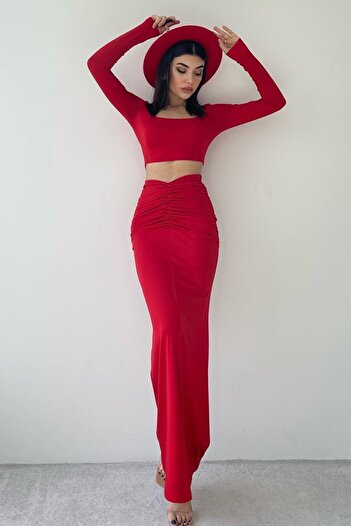 barış sülün lovebox Stretchy Sandy Fabric - U-Neck Crop Blouse and High Waist Maxi Skirt Red Two-Piece Suit 312