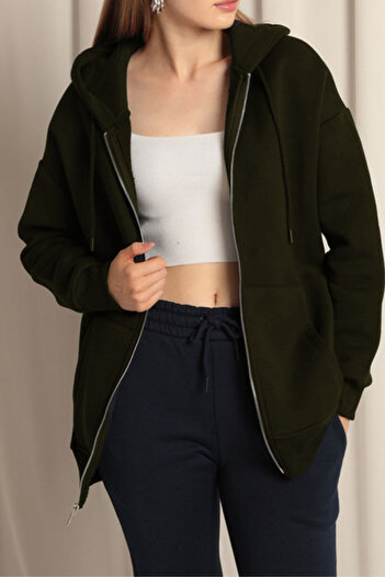 ruNadeS Women's Khaki Thick Three Thread Fabric Zippered Hooded Jacket