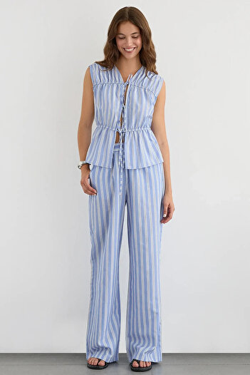 Hiccup Bow Detailed Striped Crew Neck Blouse