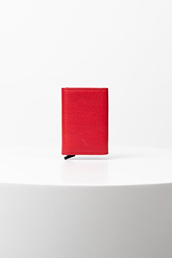 BAYDERİ Genuine Leather Red Mechanical Card Holder Wallet