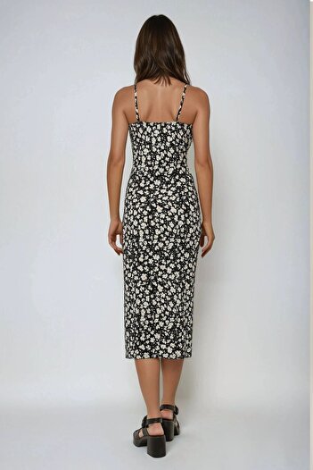 Hiccup Yırtmaç Detaylı Çiçek Desenli Bodycon Midi Elbise