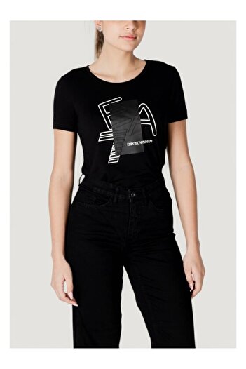 EA7 Women's Stretchy Cotton Fabric Round Neck Ea7 Logo Short Sleeve Black T-Shirt 7W 000187   Af10373-Uc001