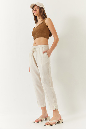 Bianco Lucci Women's Linen Elastic Waist Tie-Up Trousers with Detailed Pockets and Carrot Cut 60261419
