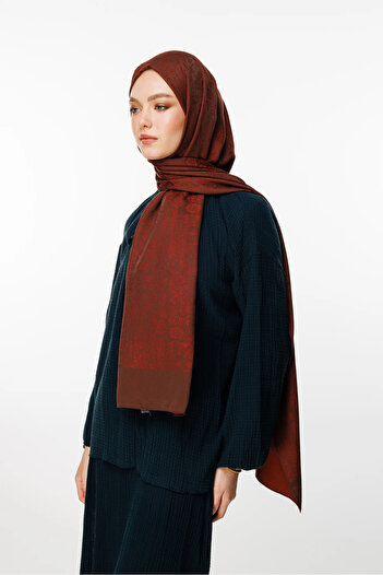 Mooncorn Henna Desen Çift Taraflı Şal Acı Kahve-Kahve