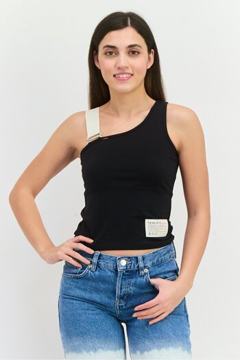 Tribe of 6 Women Asymmetric Neck Sleeveless Brand Logo Tank Top, Black